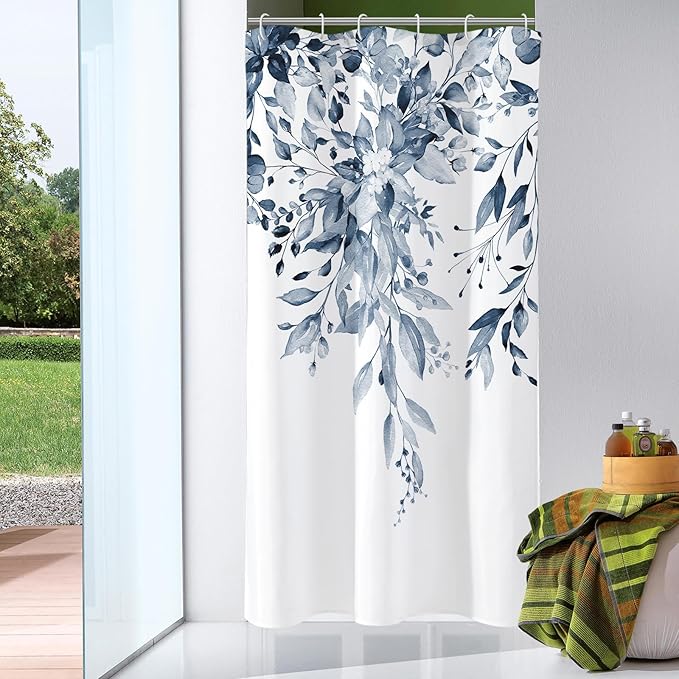 Gibelle Small Stall Shower Curtain 36 x 72, Narrow Navy Blue Floral Shower Curtain for Bathroom, Watercolor Plant Eucalyptus Leaves Fabric Shower Curtain Set