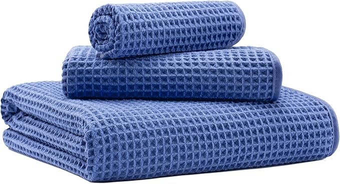 New Microfiber Waffle Bath Towels, 3 Pieces, Oversized, Soft, Absorbent, Fast Drying, Lint Free, Includes Bath, Face and Hand Towels (Dark Blue)