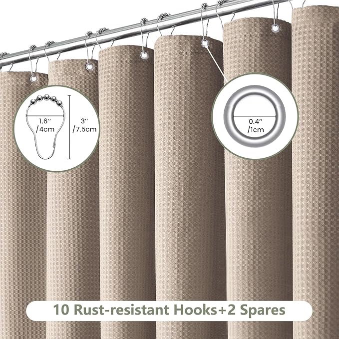 Inhousolu Fabric Shower Curtain Waffle Weave, 230 GSM Heavy Duty, Weighted Hem, 12 Metal Hooks, Water Repellent, Machine Washable, Hotel Spa Luxury Bath Curtain Set, 60 x 72 Inch, Beige