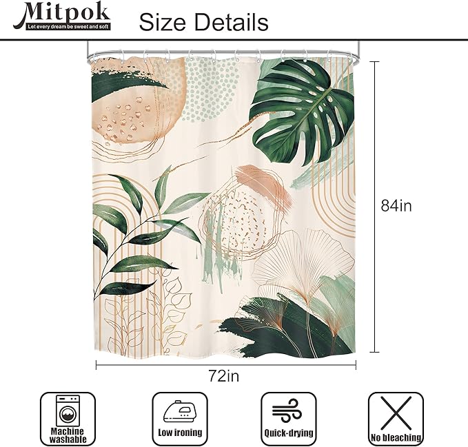 Boho Shower Curtain 72Wx84H Extra Long Bohemian Modern Mid Century Abstract Sage Green Tropical Palm Leaves Plant Bathroom Decor Minimalist Geometric Bath Curtain Fabric Polyester 12 Pack Hooks