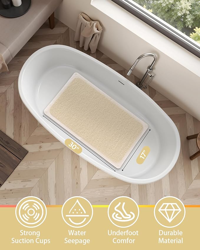 Mecko Non Slip Shower Mats, 17x30 Inch, Anti-Slip Bathtub Mats with Suction Cups for Bathroom, Foot Scrubber Loofah Bath Mats for Shower, Quick Drying Shower Stall Mats for Wet Areas (Beige)