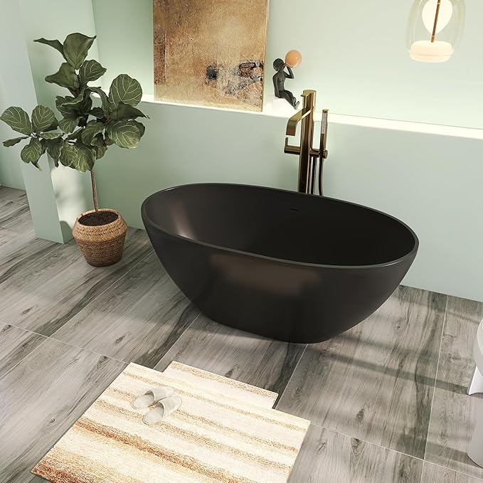55" Premium Solid Surface Freestanding Bathtub, Upgraded Oval Stone Resin Tub with Overflow and Pop-up Drain, Matte Black