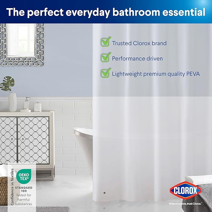 Clorox Shower Curtain Liner, Premium Lightweight Flexible Waterproof 3g PEVA for Bathroom with Weighted Magnets, Standard Size 70" x 72", Frosty 1 Pack