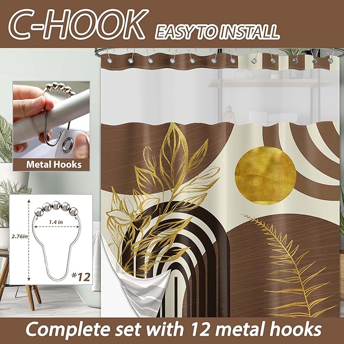 Black and Brown Bohemian See Through Mesh Top Shower Curtain with Window, Dark Tan Mens Double Layer Shower Curtains with Snap in Liner with Magnets, Waterproof Fabric with Hooks, 71x72 in