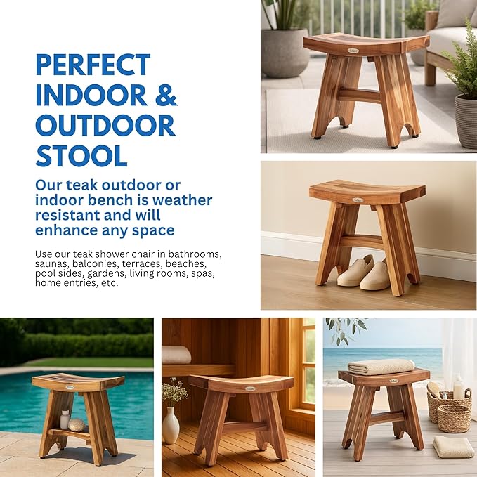 EcoDecors Teak Shower Bench 18", 300 lb Capacity – Waterproof Wood Bath Seat for Adults - Compact Spa Stool for Small Bathrooms & Walk-in Showers with Slip-Resistant Feet