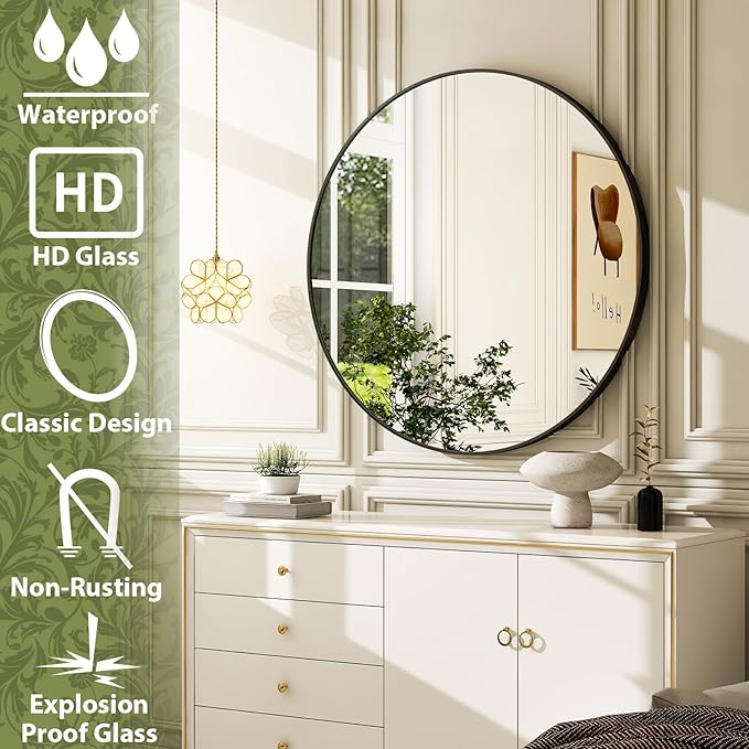 24 Inch Round Bathroom Mirror - Black Wall Mounted Circle Mirror with Metal Frame, Modern Round Hanging Mirror Suitable for Bathroom, Vanity, Entryway, Living Room