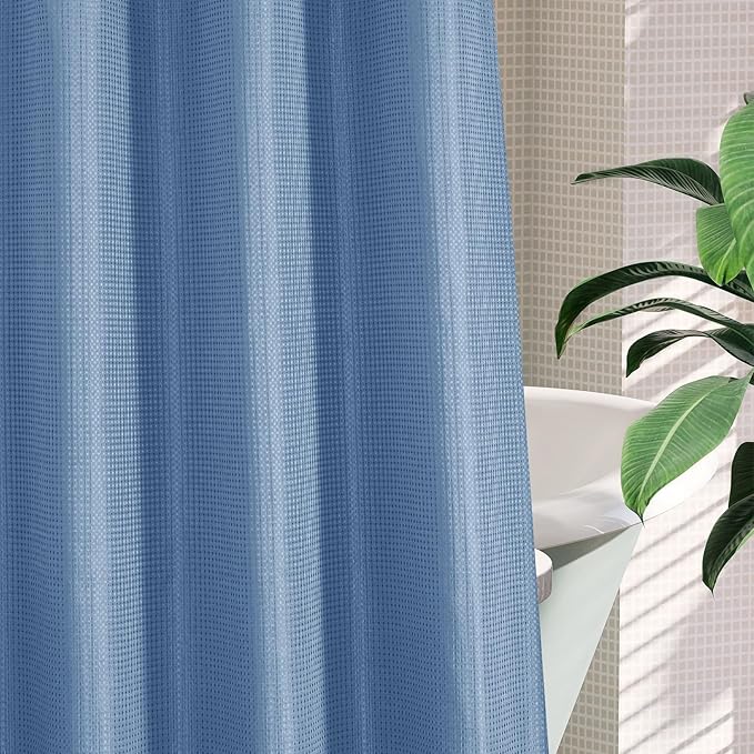 MitoVilla Blue Waffle Small Stall Shower Curtain Liner Set 36 x 74, No Hooks Required Half Size Narrow Fabric Cloth Shower Curtain Set with Snap-in Liner for Modern Bathroom Decor, Moonlight Blue
