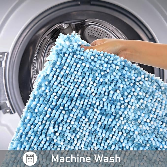 Yimobra Luxury Bathroom Rugs, 47x24, Extra Soft Chenille Mats for Bathroom Non Slip, Fluffy Long Matts for Tub, Plush Shaggy Carpet Runner, Water Absorbent, Machine Washable, Blue & Light Blue