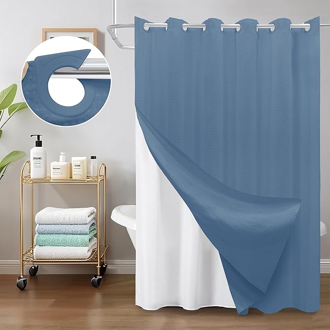 Inhousolu No Hook Waffle Weave Shower Curtain with Removable Snap in Fabric Liner Set for Bathroom, 230GSM Heavy Duty Weighted Hem, Water Repellent Washable Bath Curtains, 72 x 84 Inch, Moonlight Blue