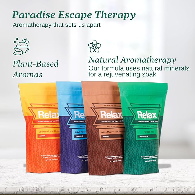 Relax Spa & Bath, Epsom & Dead Sea Salts, Aromatherapy Bath Salts for Hot Tub, Bath, or Spa, Infused with Magnesium, 4 Pack, Escape Therapy