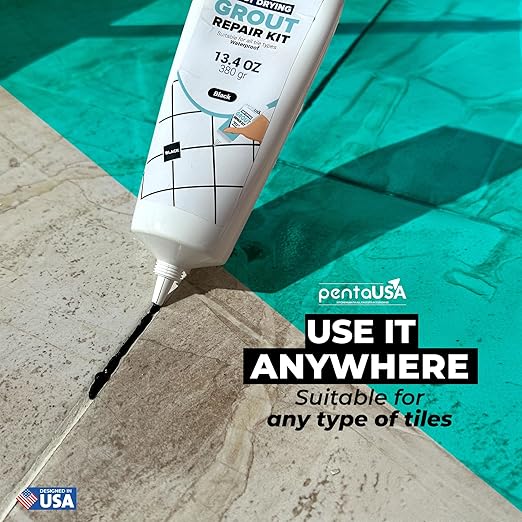 PentaUSA Tile Grout - 13.4 oz Black Grout Filler Repairs Renews Tube, Fast Drying Grout Repair Kit, Odorless Formula - Grout Floater Included (Black 13.4oz / 380gr)