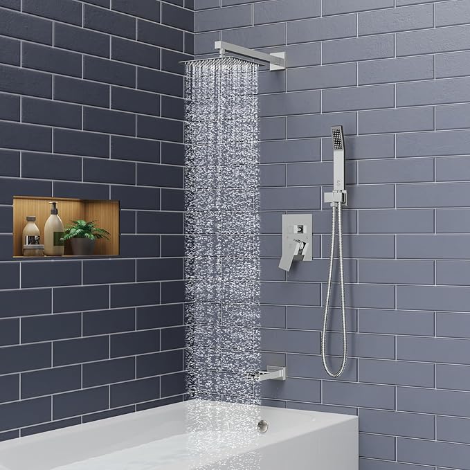 SR SUN RISE 8 Inches Wall Mounted Bathtub Shower Faucet Set All Metal Shower System with Tub Spout, Rain Shower Head and Handheld Sprayer Combo Shower Set, Modern Valve and Trim Kit, Polished Chrome