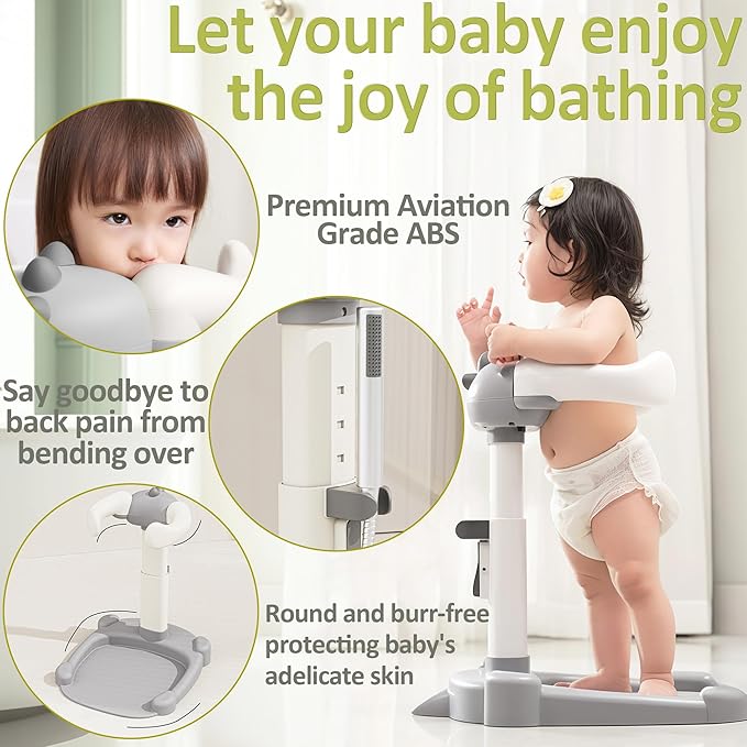 Baby Shower Stand, Baby Standing Bath with Anti-Pinch Adjustable Height and Armrest, Shower Standing Support with Anti-Slip Base and Mat for Infants 6-36 Months -Green