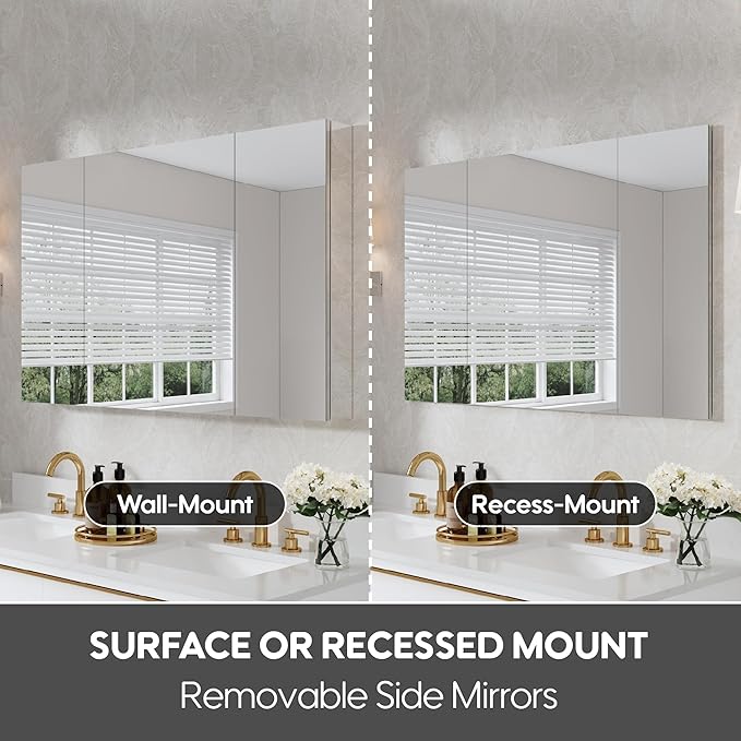 WELLFOR 48" x 30" Rectangle Medicine Cabinet Mirror, Surface Mount or Recessed Medicine Cabinet with Tempered Mirror, Anodized Chrome Aluminum Frame, Bathroom Mirror with Storage