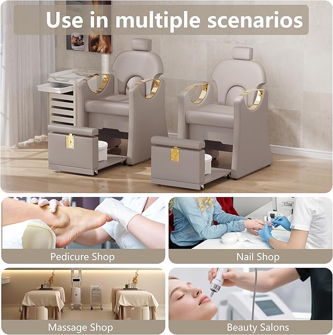 Pedicure Station for Nail Tech, Reclining Pedicure Chair with Massage Foot Bath, No Plumbing Pedicure Station Unit (Grey)