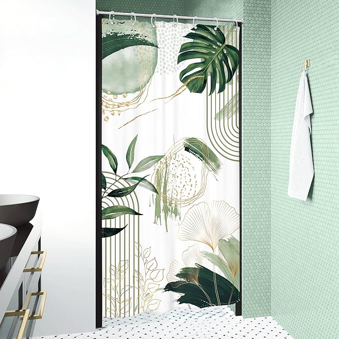 Small Stall Boho Shower Curtain 36Wx72H RV Sage Green Modern Mid Century Bohemian Abstract Palm Leaves Tropical Bathroom Decor Half Narrow Standing Bath Curtain Fabric Polyester 7 Pack Hooks