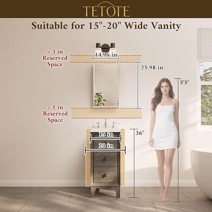 TETOTE 15 x 26 Bathroom Mirror with Storage with Tempered Beveled Mirror Silver Medicine Cabinet Aluminum Cabinet DTC Hinges, Stepless Adjustable Shelves, Recessed/Surface-Mounted