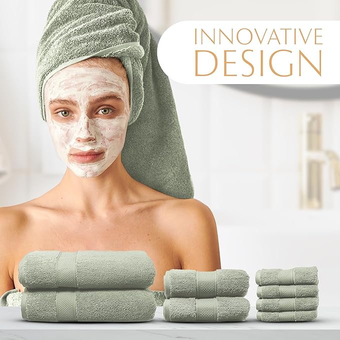 MAURA Sage Green Bath Towel Set of 8 for Bathroom. Turkish Cotton Luxury Bath Towels. Extra Large, Thick, Plush & Soft. Hotel & Spa Quality - Sage Green