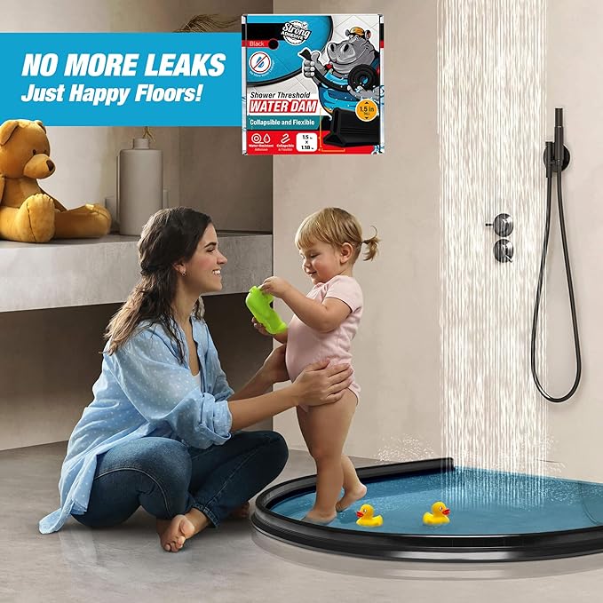 Shower Threshold Water Dam Barrier 98" - Black Collapsible Shower Water Blocker - Shower Guard for Walk in Shower - Water Guard Stopper for Floor - Shower Dam - 1.5" Tall - By Hippo Dam