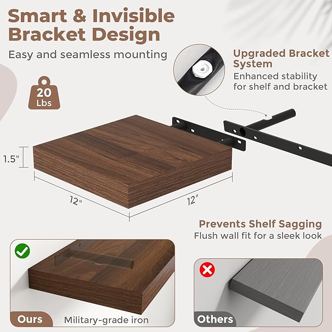 12 Inch Square Floating Shelves for Wall 2 Pack, 12"D Wood Grain Bathroom Shelves with Invisible Brackets, Easy Install Engineered Wood Storage Shelves for Kitchen, Living Room, Bedroom, Walnut Finish