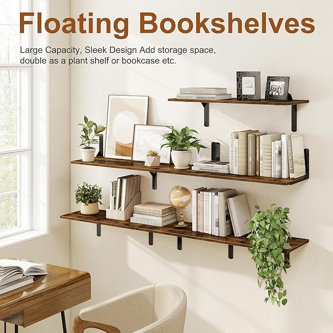 Floating Shelves 40"W x 12"D, Deep Wall Shelves with Brackets for Books, Plant, 12 Inch Deep Bathroom Shelf Set of 2, Large Floating Shelf for Living Room, Bedroom, Kitchen, Rustic Brown, Set of 2