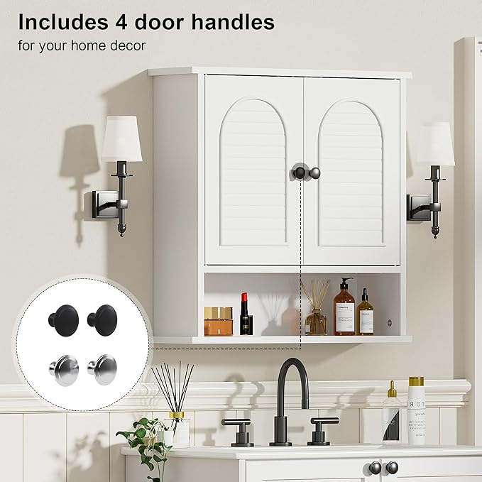 Medicine Cabinet for Bathroom,2 Doors White Bathroom Wall Cabinet with Arched,Over Toilet Storage Cabinet for Laundry Room/Kitchen/Living Room,Surface Mount Medicine Cabinets 23x24
