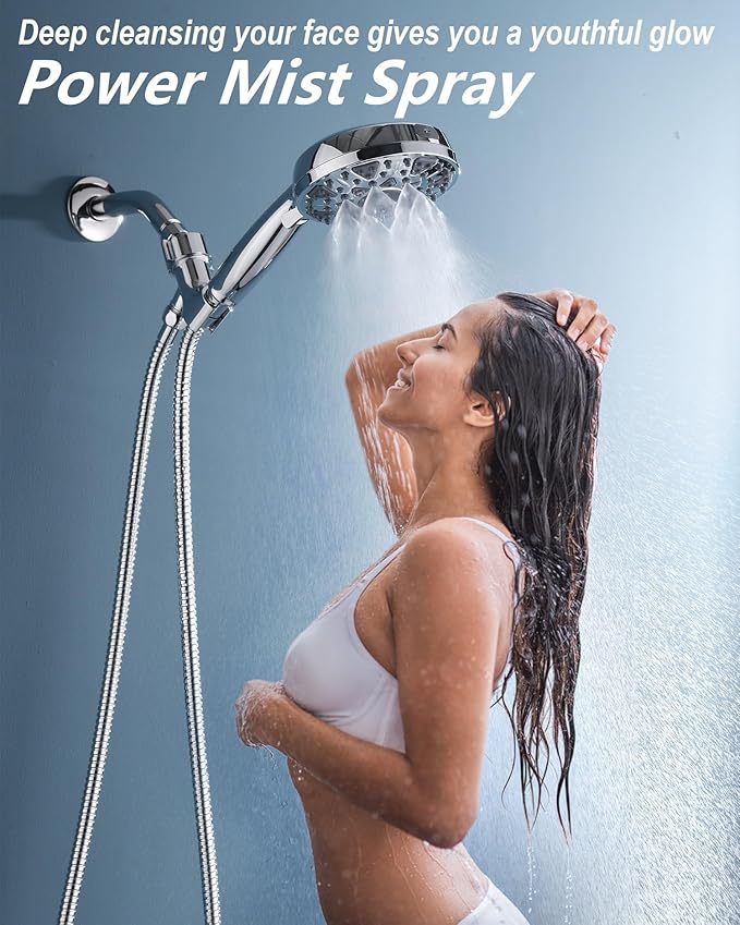 Shower Head With Handheld 7 Settings High Pressure, Built-in Power Wash to Clear Tub, Tile & Pets, 5" High Powerful Hand Held Rain Showerhead with Stainless Steel Hose and Adjustable Bracket