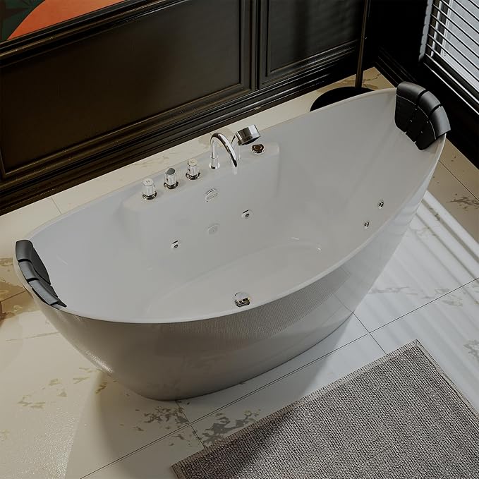 Empava 59" x 28" Freestanding Whirlpool Tub with Center Drain,560W Stand Alone Bathtub with 8 Hydromassage Jets, Unique Boat-Shaped,Acrylic,ETL Certified