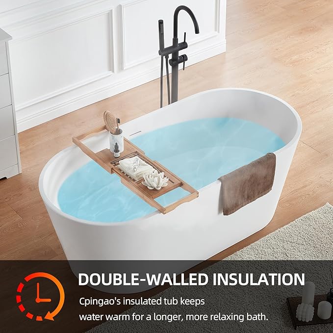 Cpingao 63" Stone Resin Freestanding Bathtub, Modern Oval Solid Surface Soaking Stand Alone Tub, Matte White, Drain & Overflow Included 8816-1600