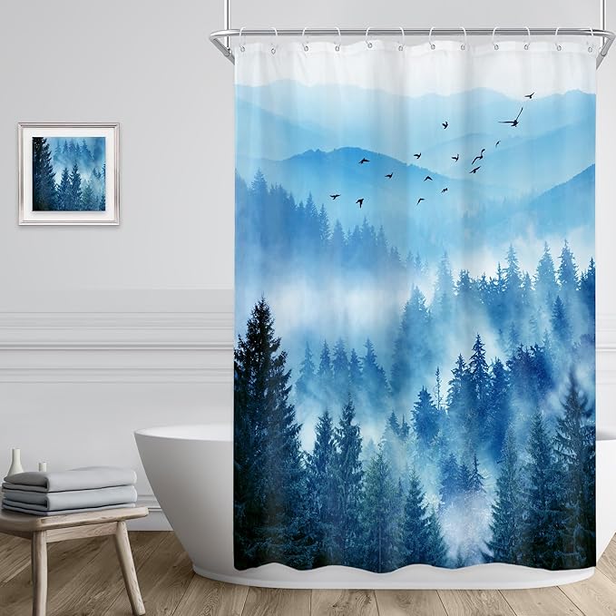 Riyidecor Navy Blue Shower Curtain 48Wx72H Inch,Stall Narrow Rv Small Nature Mountain Woods,Rustic Landscape Scenery Pine Tree Woodland Cool Bathroom Decor Fabric Polyester Waterproof 12 Pack Hooks