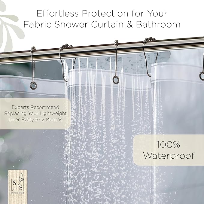 Stitch & Stone Shower Curtain Liner, Premium Medium Weight Durable Waterproof 6g PEVA for Bathroom with Weighted Magnets, Extra Long 54" x 78", Clear 1 Pack