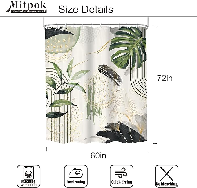 Grey Green Boho Shower Curtain 60Wx72H Tropical Palm Leaves Abstract Mid Century Modern Bohemian Minimalist Gold Leaf Plant Bathroom Decor Botanical Bath Curtain Fabric Polyester 12 Pack Hooks