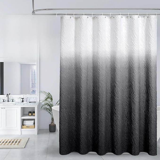 MitoVilla Black Ombre Shower Curtain Set with Hooks, Waves Textured Fabric Shower Curtains for Modern Luxury Bathroom Decor, 3D Marble Geometric Embossed Cloth Bathroom Shower Curtain, 72 x 72