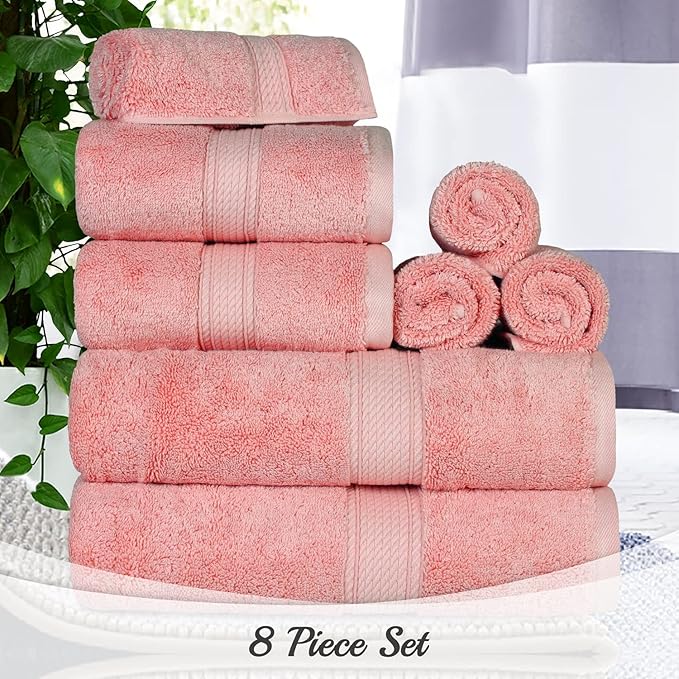BLUENILEMILLS Madison Egyptian Cotton Towels, Towel Set for Bathroom, Shower, Hotel, Plush, 800 GSM, Highly Absorbent and Ultra-Soft Towels, Bath Essentials, 8 Piece Assorted Towel Set, Tea Rose