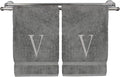 Monogrammed Hand Towel, Personalized Initial Gift, Extra Absorbent 100% Turkish Cotton - Soft Terry Finish - Set of 2 - Silver Block Initial V - Embroidered on Grey Towels