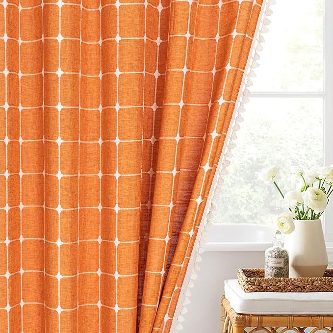 MitoVilla Boho Small Stall Shower Curtain 36 x 72, Orange Narrow Polyester Linen Fabric Shower Curtains for Farmhouse Bathroom Decor, Half Size Cloth Shower Curtain Set with Hooks
