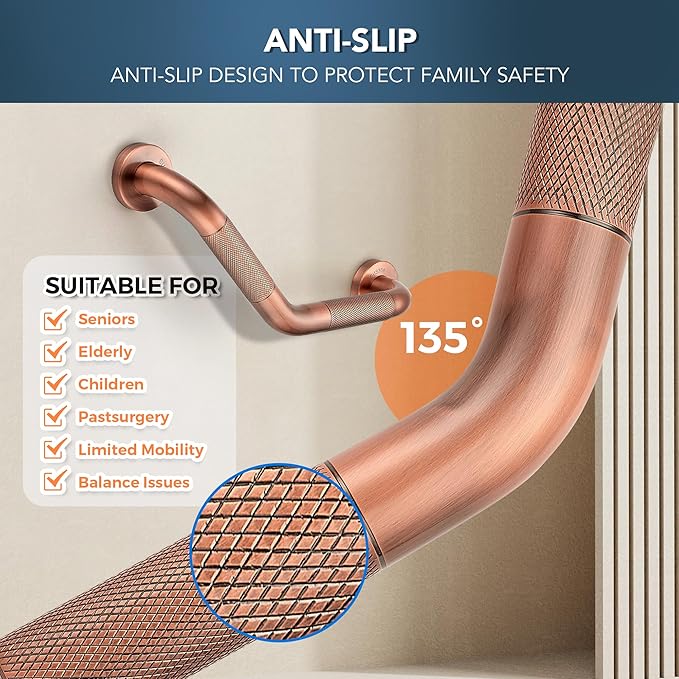 Grab Bars for Bathtubs and Showers- 1-1/4 x 16 Angled Shower Grab Bar for Seniors Knurled Stainless Steel Handicap Grab Bars for Wall (Antique Copper, 2 Pack)