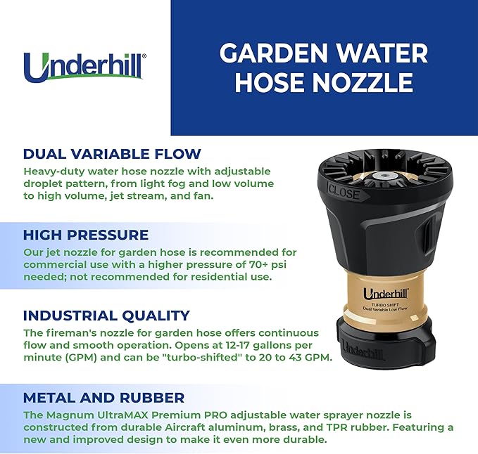 Underhill Magnum UltraMAX Premium PRO Series-TurboShift 1 Inch Garden Water Hose Nozzle, Sprayer, Jet, Metal and Rubber, Adjustable, NG650-DFH-10
