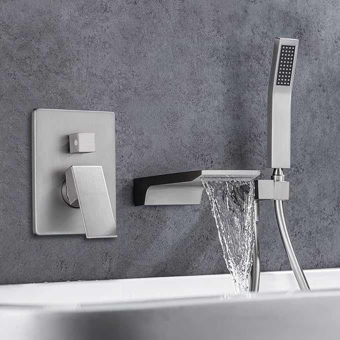 Wall Mount Tub Filler Faucet with Waterfall Tub Spout Waterfall Bathtub Faucet with Handheld Shower Modern Tub Filler Faucet Single Handle, Brushed Nickel