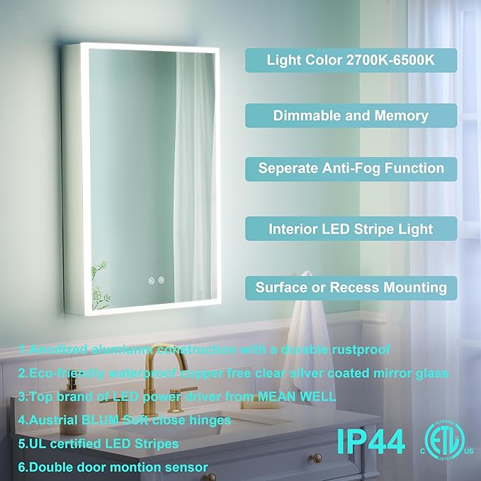 WELLFOR 20" X 30" Medicine Cabinet with Lights, 3X Magnification, Anti-Fog Mirrored Cabinet, Bathroom Vanity Medicine Cabinet with Outlets & USB Ports, Left Opening Door