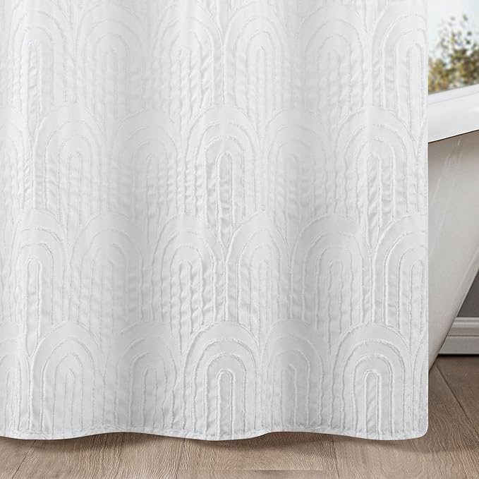 ROSERY No Hook Shower Curtain with Snap in Fabric Liner Set, Boho Farmhouse Jacquard Tufted Geometric Striped Shower Curtain for Bathroom with See Through Window, Arch Pattern, 71" W x 74" L