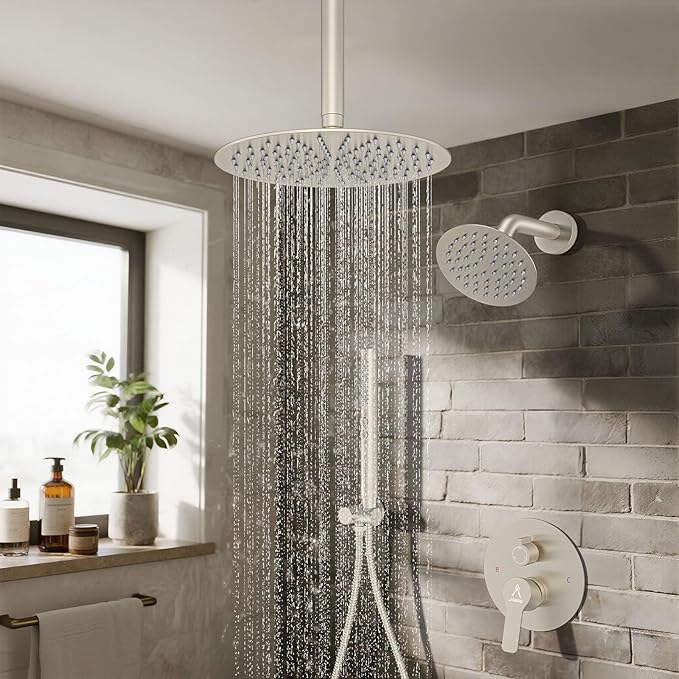 Shower System Shower Faucet Set Rainfall Shower Set with Valve 12+6" Dual Rain Shower Head with Handheld Ceiling Mount Wall Mount Shower Head Shower System, Brushed Nickel