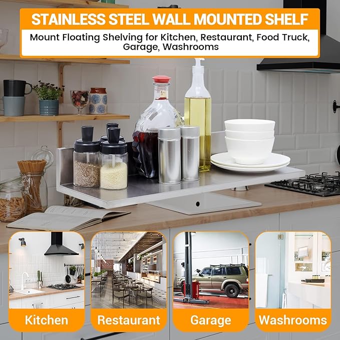 Stainless Steel Wall Shelf 8.6"x24" 60LB, 2 Packs L-Shaped Commercial Wall Mount Floating Shelving for Kitchen, Restaurant, Home