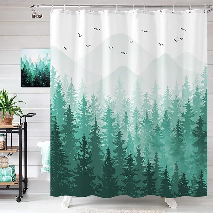 Aipon Teal Misty Forest Shower Curtain Ombre Nature Tree Plants Shower Curtains Fabric Waterproof Mountain Shower Curtain Sets for Bathroom Bath Decor with 12 Hooks (Teal, 72'' × 78'')