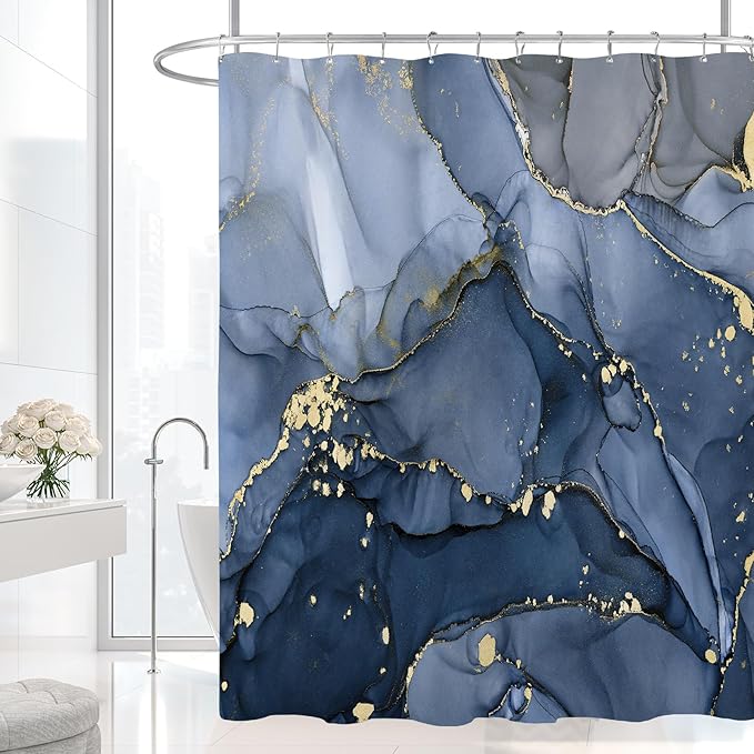 Navy Blue Marble Shower Curtain, Dark Blue Modern Abstract Fabric Shower Curtains for Bathroom, Luxury Art Ink Texture Watercolor Shower Curtain Set with Hooks 72x72