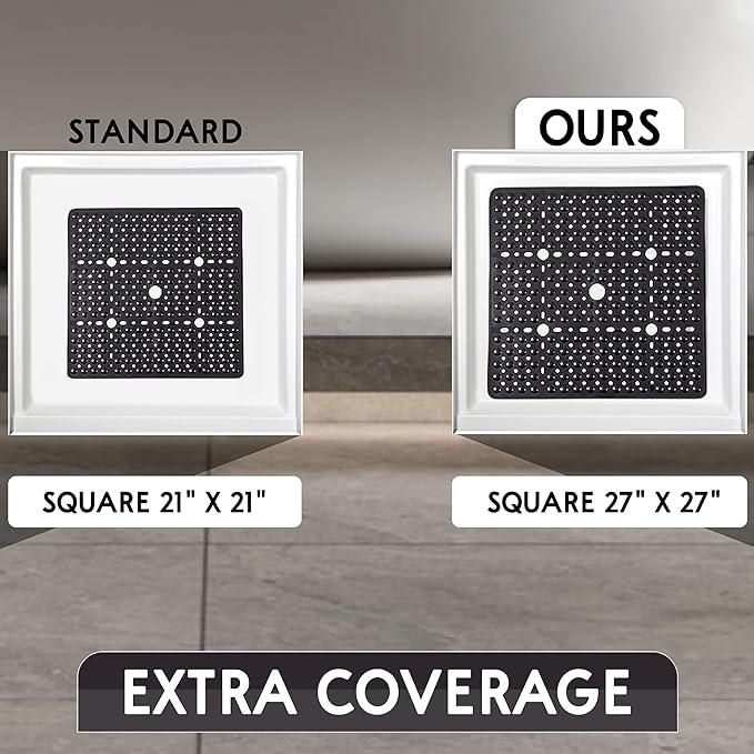 ENKOSI Large 27 x 27 inch Square Non-Slip Shower Mat | Anti Slip Shower Stall Mat for Elderly and Young | Durable Shower Mat with Strong Secure Suction Cups and Drain Holes (27x27 Aqua Blue)