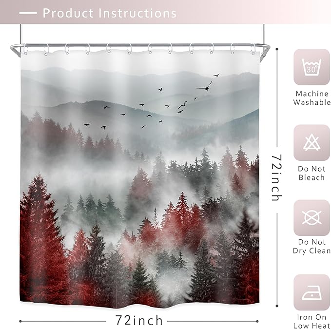 Riyidecor Red Black Mountain Shower Curtain 72Wx72H Inch Nature Scenery Foggy Pine Tree Scenic Woodland Cool Landscape Foggy Natural Mens Bathroom Decor Fabric Polyester Waterproof 12 Pack Hooks