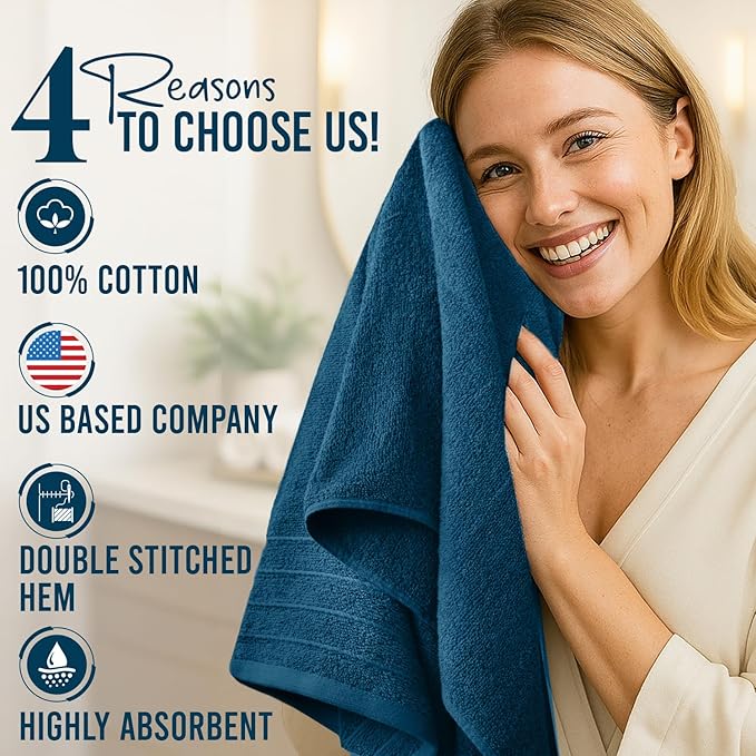 DAN River Extra Large Bath Towels Set of 4, 30 x 60 Inches - 100% Cotton Larger & Lighter Weight Towels for Bathroom - Quicker to Dry, Super Soft & Highly Absorbent Towels for Home, Blue Opal