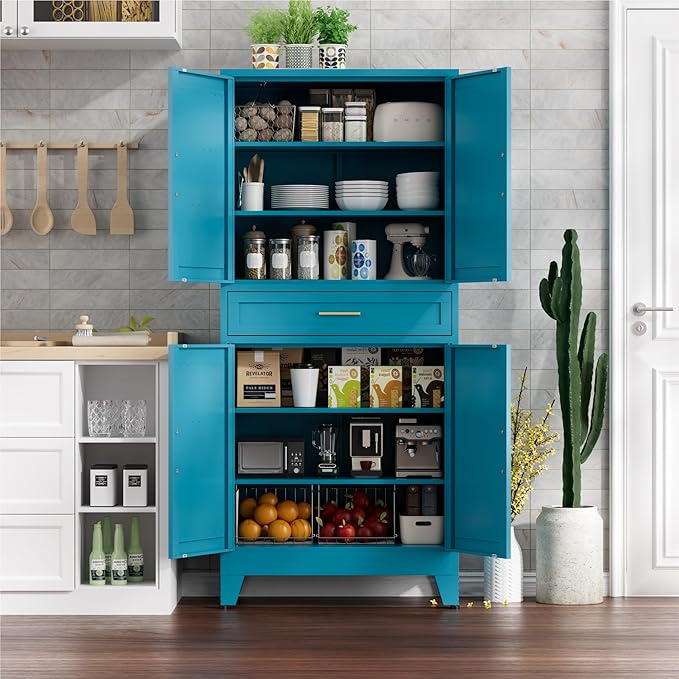 71" Tall Farmhouse Pantry Cabinet,Metal Cabinets with Doors and Shelves,Storage Cabinet for Kitchen Dining Room Garage,Blue Green