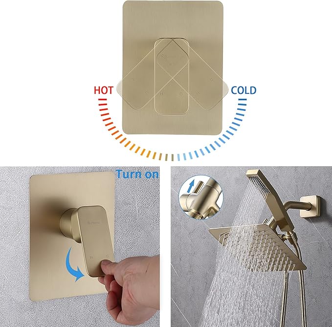 All Metal Shower Faucet Set, Dual Square Shower Head System with Handheld Wand, Diverter, Hose Complete Combo, Pressure Balance Rough-in Valve Included (Brushed Gold)